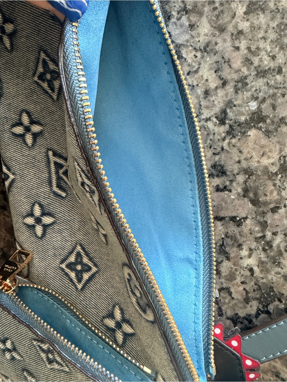 Fashion Brand Blue Denim Monogram Triple Pouch Wristlet with Red Accent - Picture 4 of 5